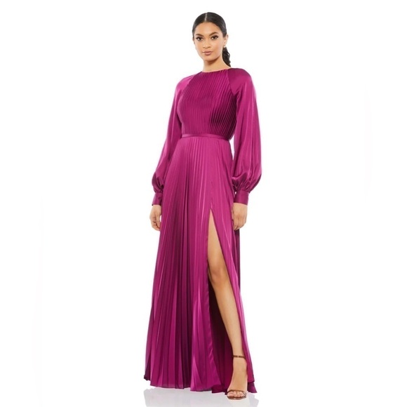 Ieena for Mac Duggal 26590 Long Sleeve Pleated High Neck Gown in Berry NWT! - Picture 1 of 12